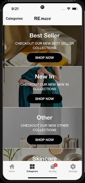 REmuse App Categories Page